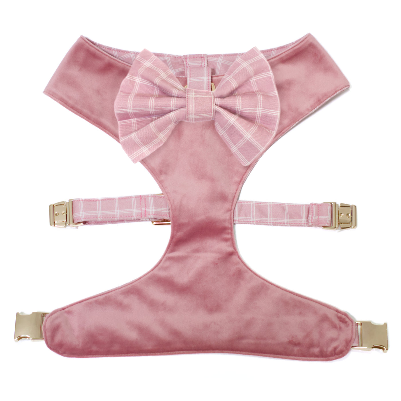 Rose pink reversible velvet harness with gold hardware and windowpane plaid classic dog bow tie