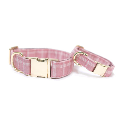 Baby pink triple windowpane plaid dog collars with gold hardware in small and large