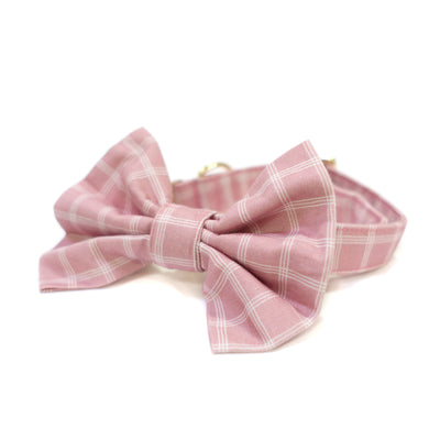 Blush pink triple windowpane plaid dog collar with bow tie