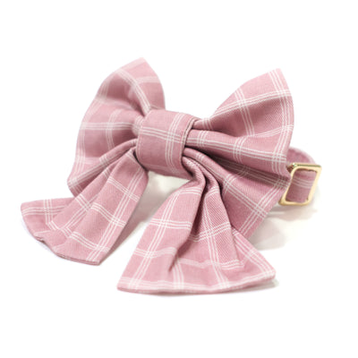 Millennial pink triple windowpane plaid dog collar and sailor bow with gold hardware