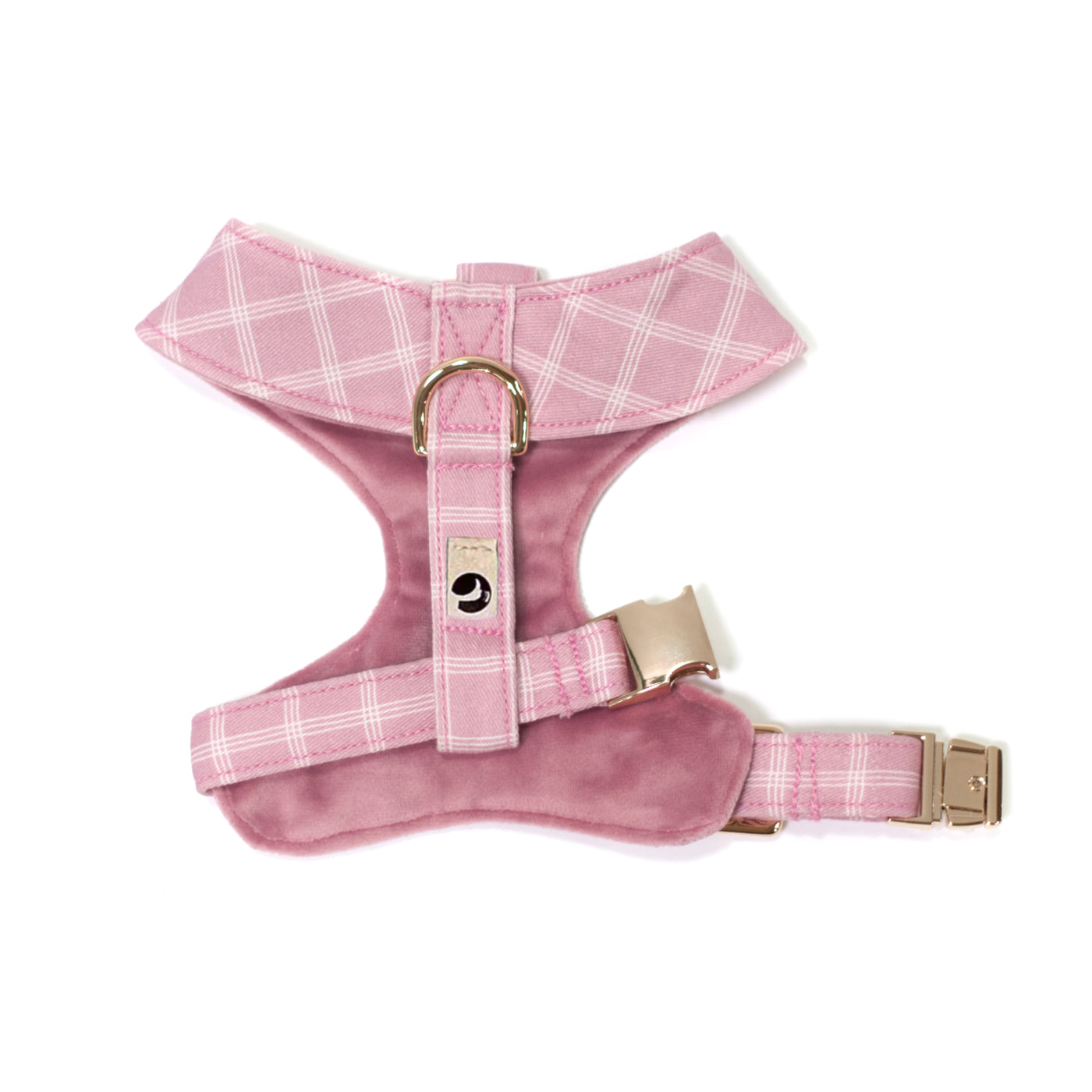 Rose colored reversible dog harness in velvet and plaid shown from back/top in size XS