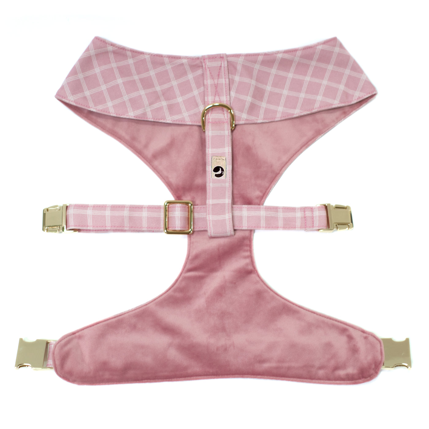 Light pink dog harness in triple windowpane plaid and velvet with gold hardware shown from back/top