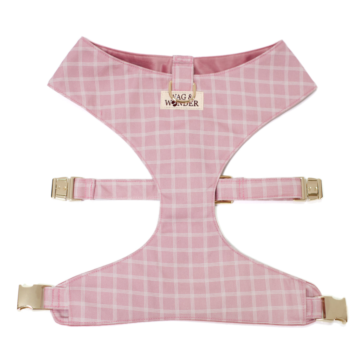 Millennial pink triple windowpane plaid reversible dog harness with gold buckles