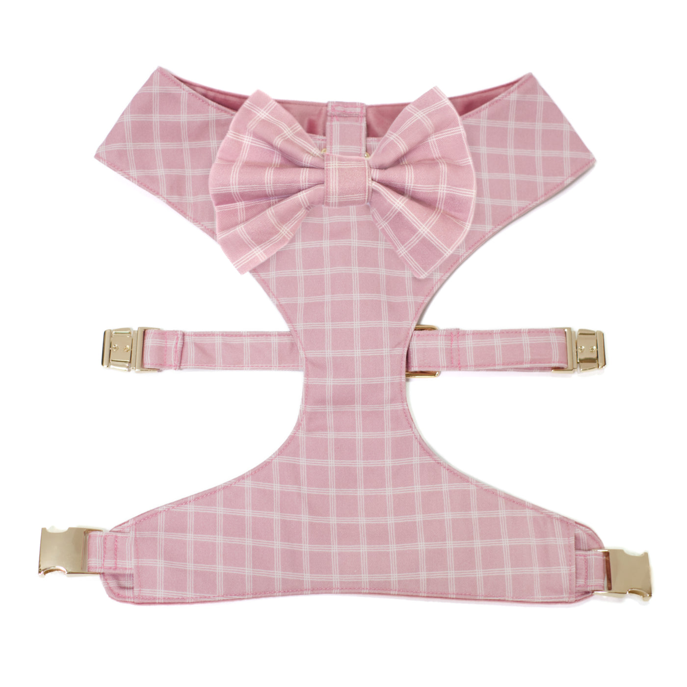 Millennial pink reversible dog harness in triple windowpane plaid with matching dog bow tie