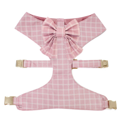 Blush pink triple windowpane plaid reversible dog harness with gold hardware and matching sailor dog bow