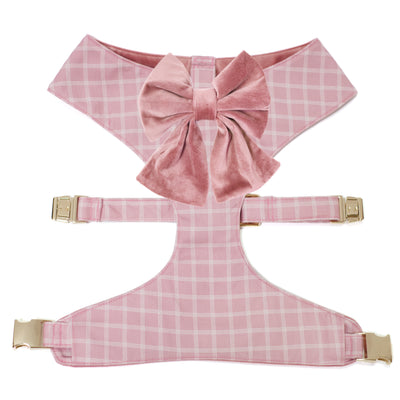 Blush pink reversible windowpane plaid dog harness with velvet sailor dog bow