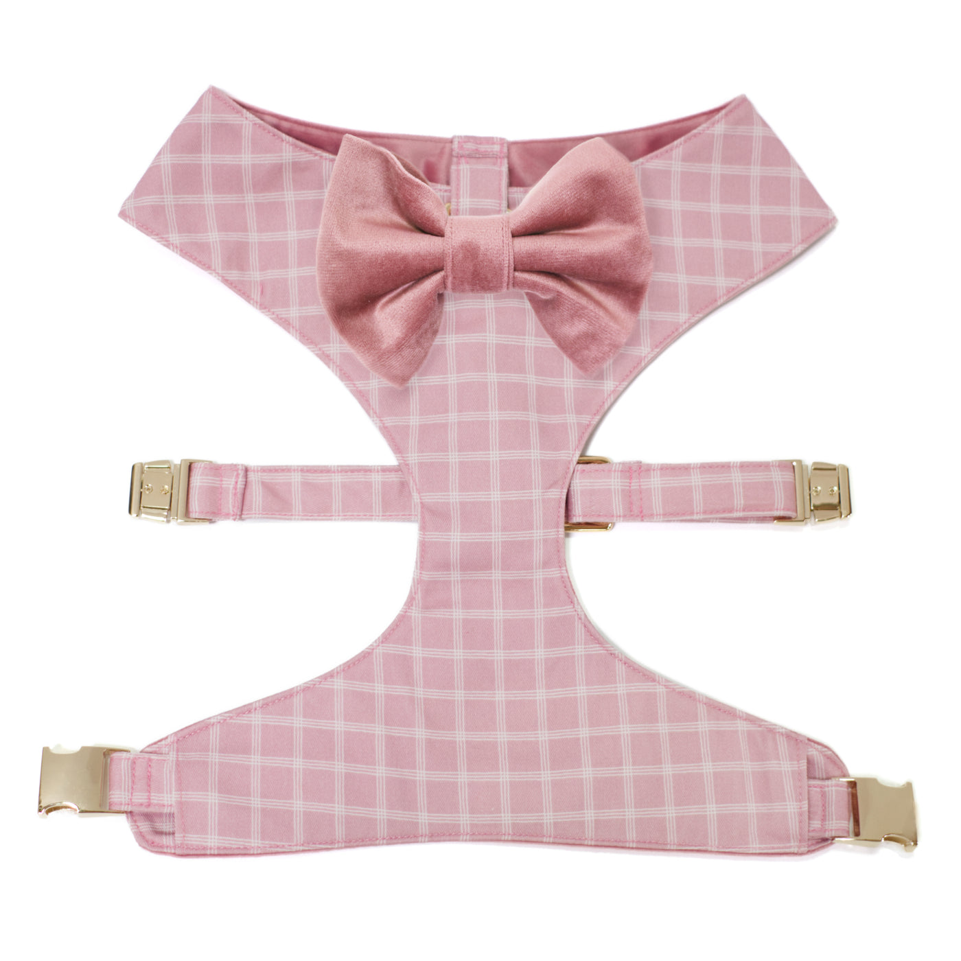 Light pink triple windowpane plaid reversible dog harness with gold hardware and velvet classic dog bow tie