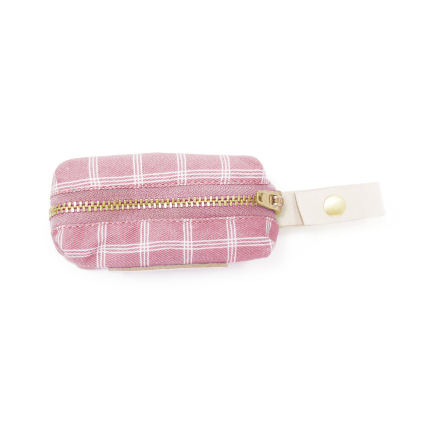 Millennial pink dog waste bag holder with zipper in windowpane plaid