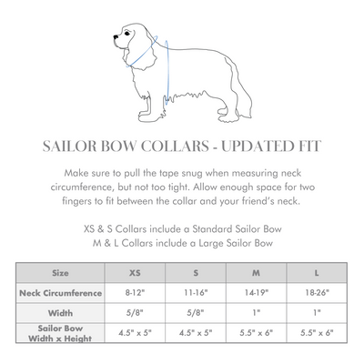 Size chart for dog collar with sailor dog bow.