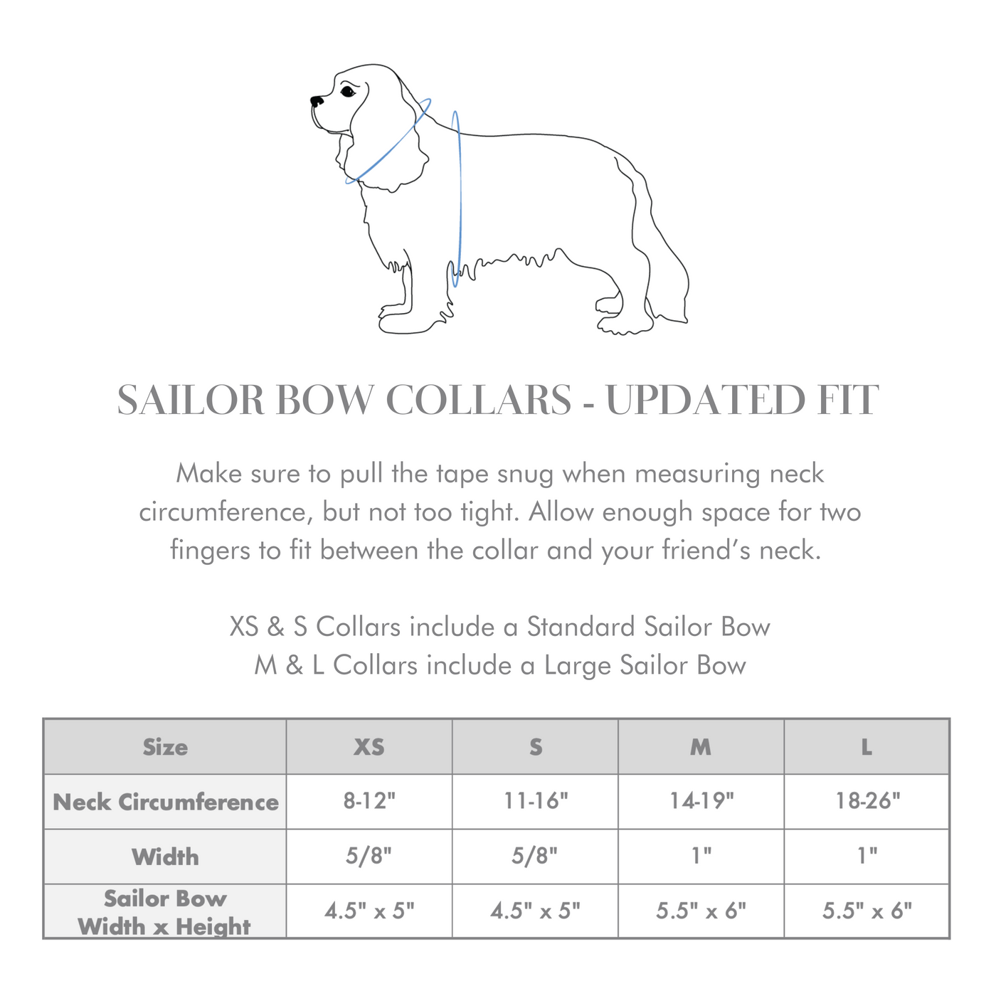Wag & Wonder size chart for dog collar with sailor bow