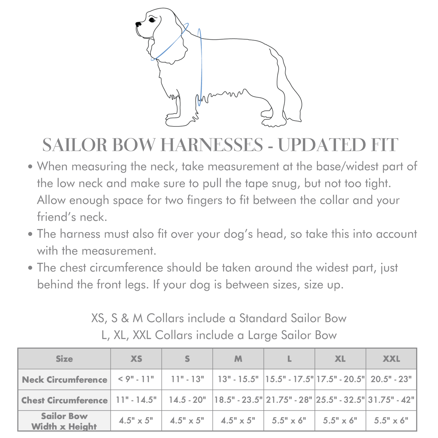 Size guide for dog collar with sailor bow