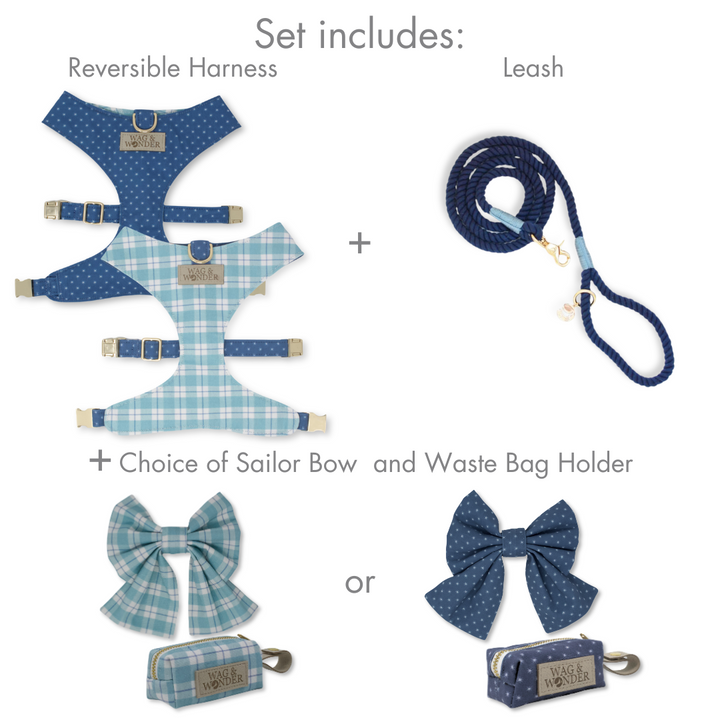 Seaside Reversible Dog Harness + Sailor Bow