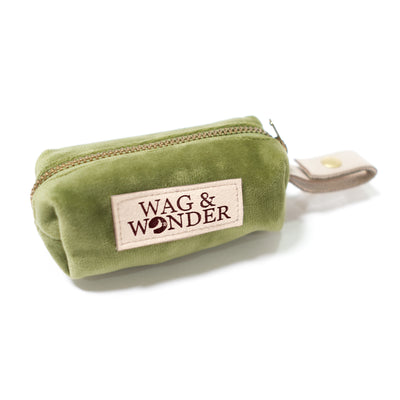 Moss green velvet dog poop bag holder with vegan leather attachment