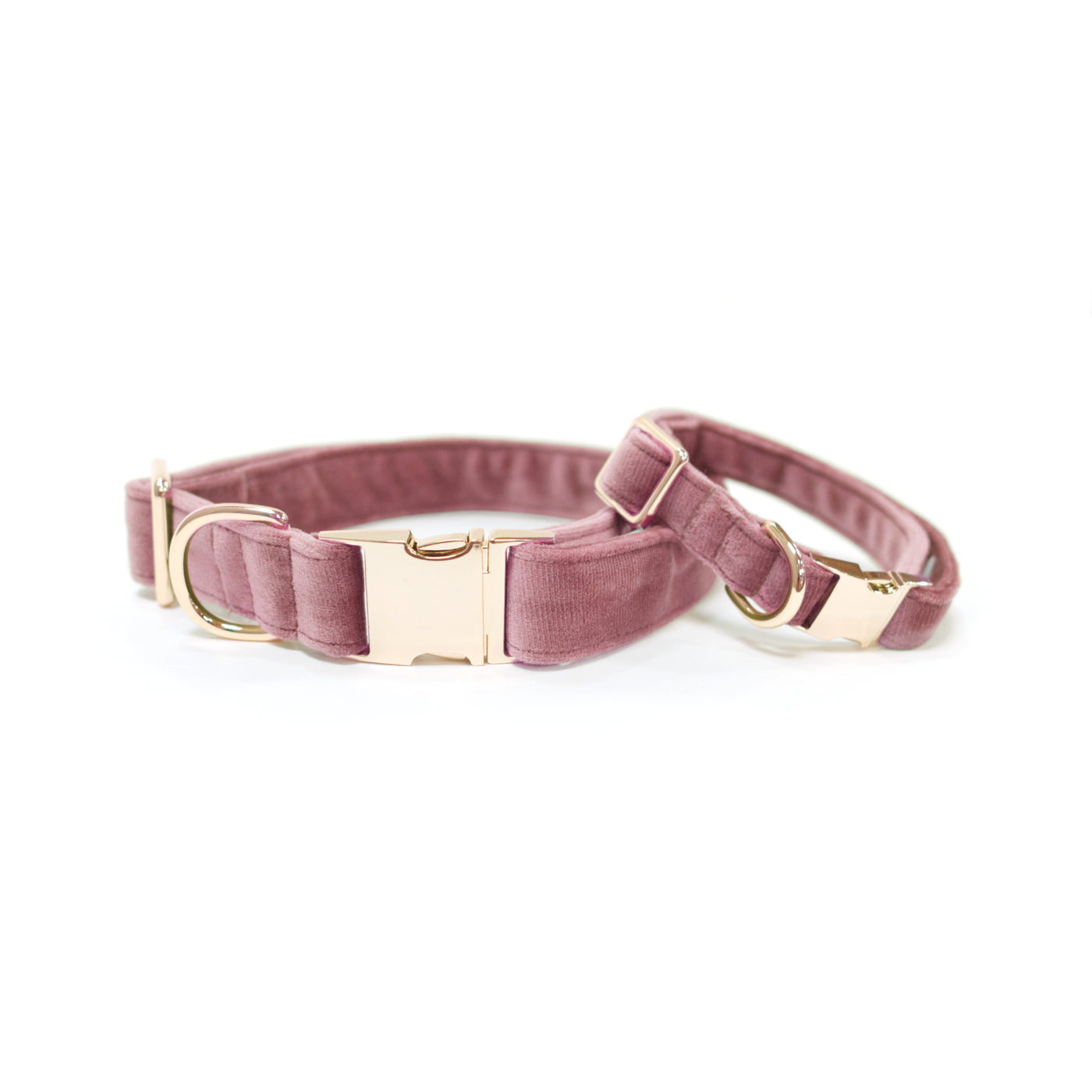 Millenial blush pink velvet dog collars with gold hardware in sizes medium and small