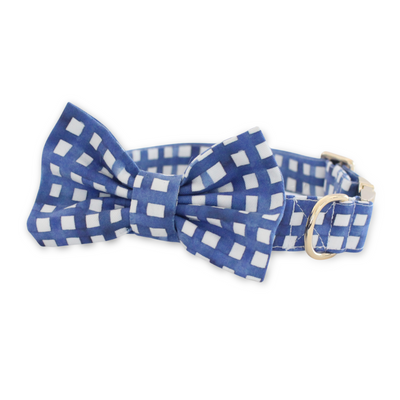 Navy Watercolor Plaid Classic Dog Collar + Bow Tie