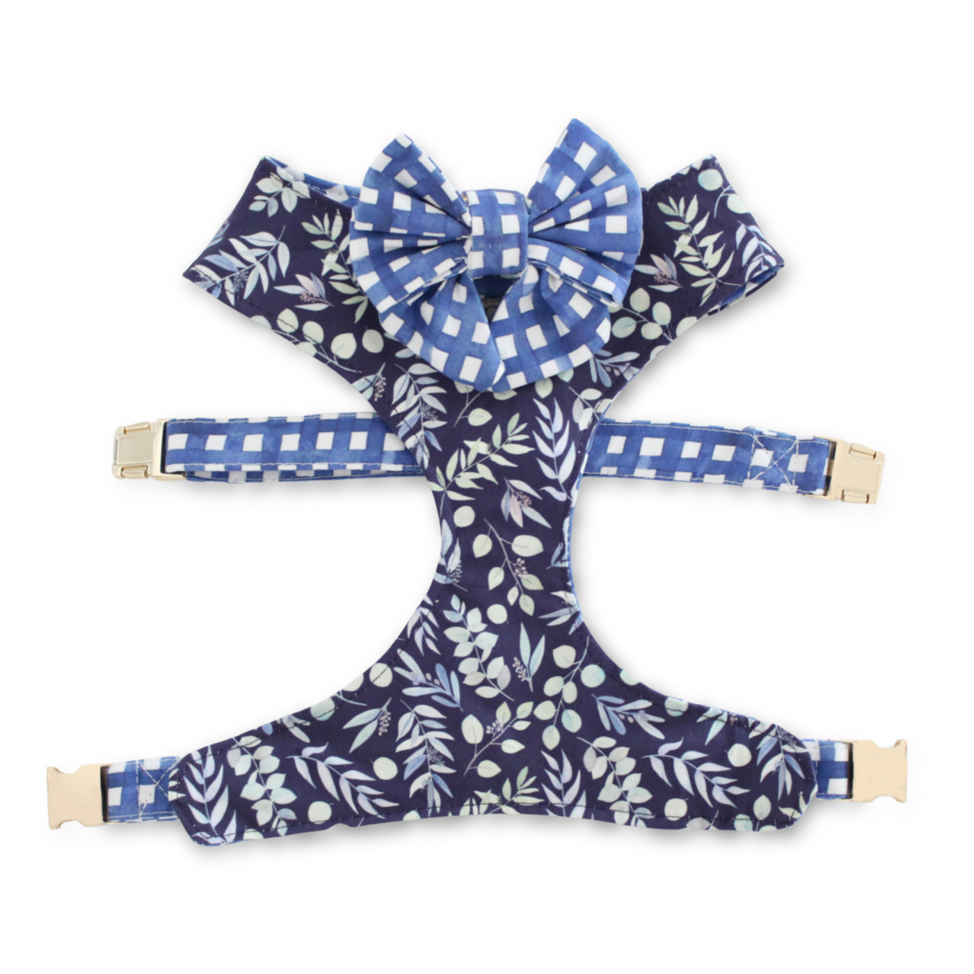 Woodland Foliage Reversible Dog Harness + Navy Watercolor Plaid Sailor Bow