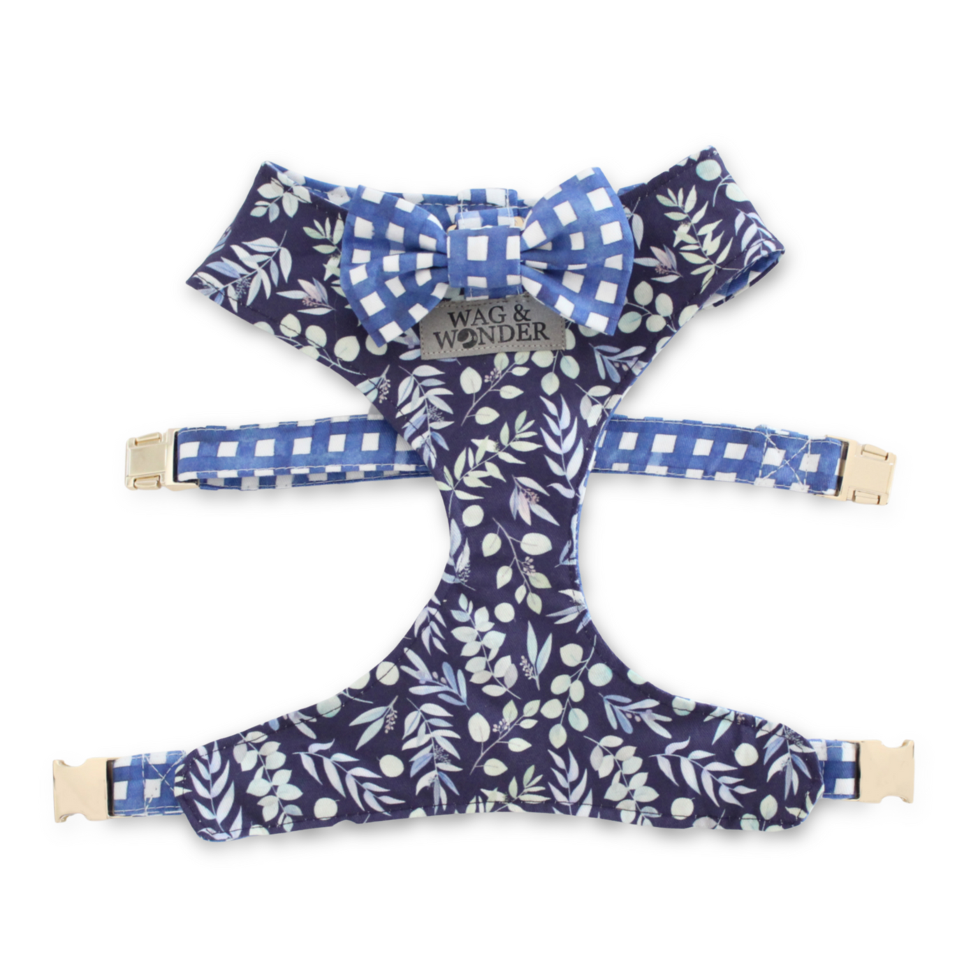 Woodland Foliage Reversible Harness + Navy Watercolor Plaid Bow Tie