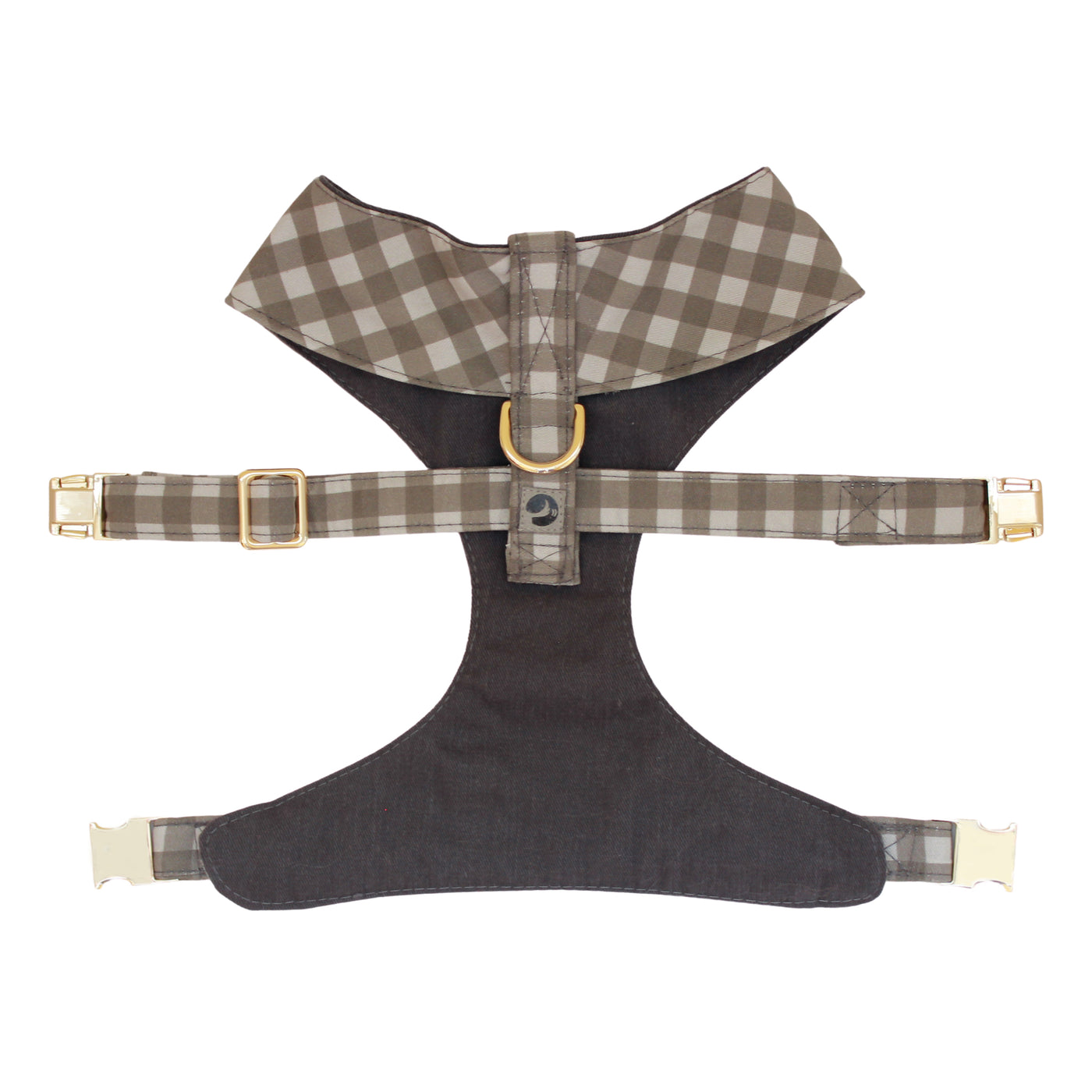 Top view of reversible dog harness with gold hardware in gray buffalo check