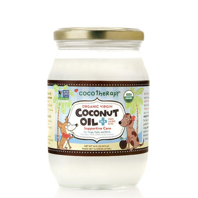 Coco Therapy Organic Virgin Coconut Oil for people and dogs in glass jar