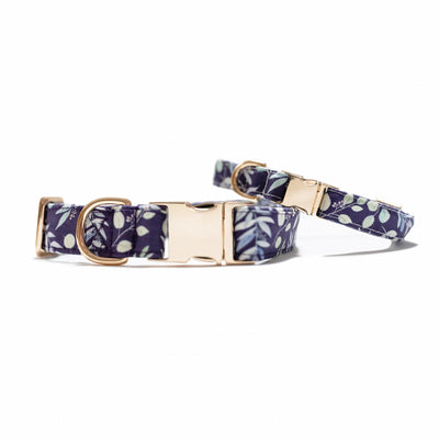 Two stacked dog collars with gold hardware in indigo background with mult-color foliage