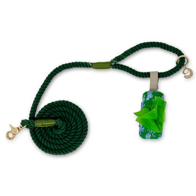 Evergreen Rope Dog Leash + Leopard Parade Waste Bag Holder