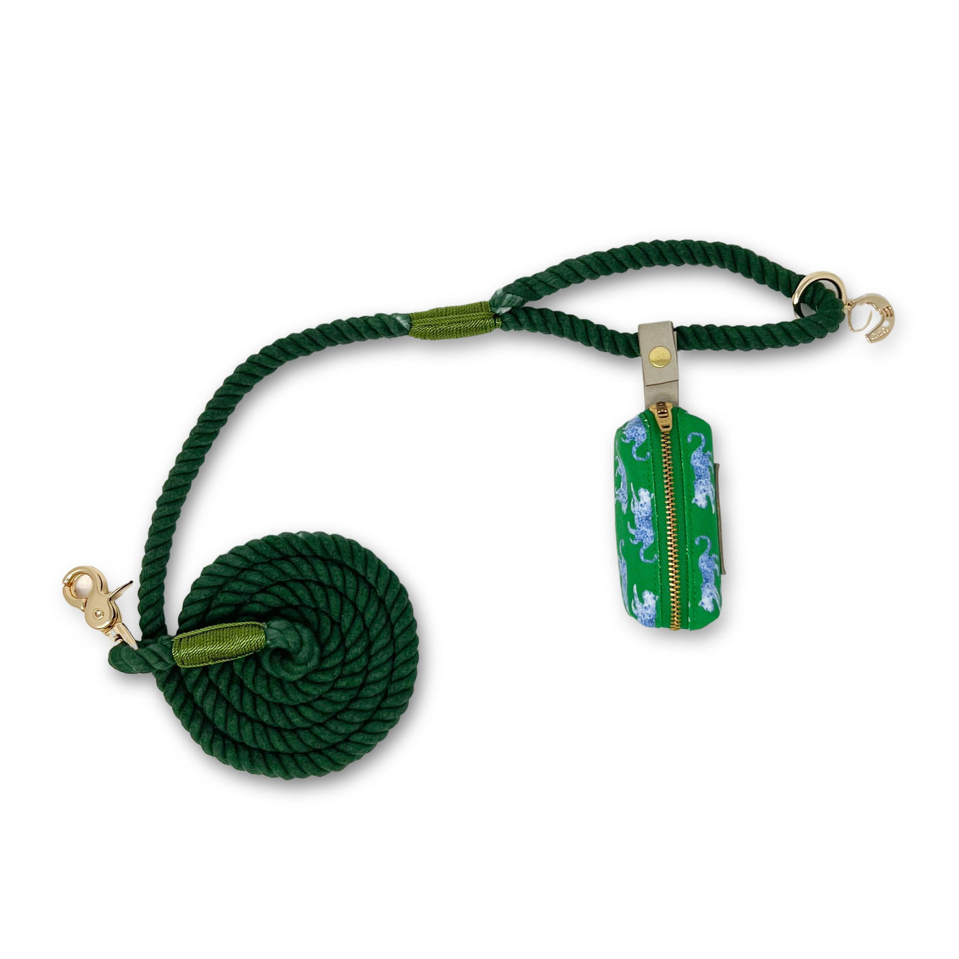 Evergreen Rope Dog Leash + Leopard Parade Waste Bag Holder