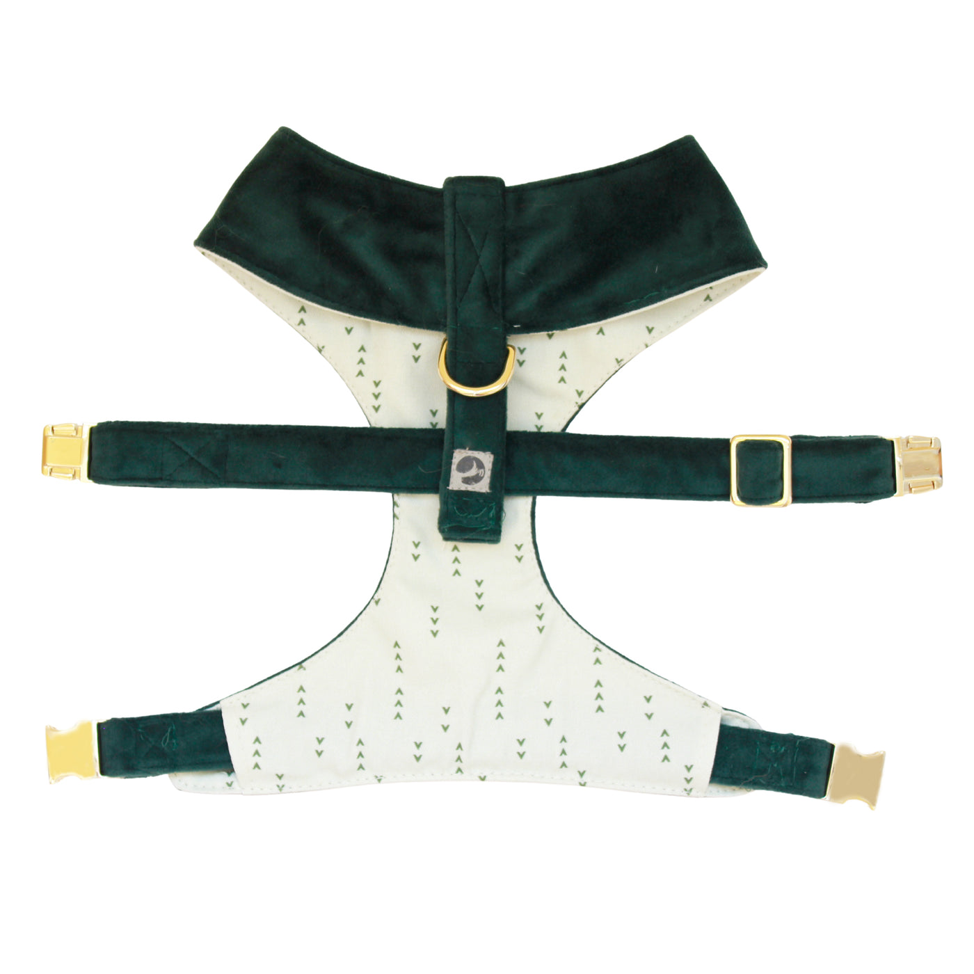 Top view of reversible dog harness with gold hardware in light green with dark green arrows