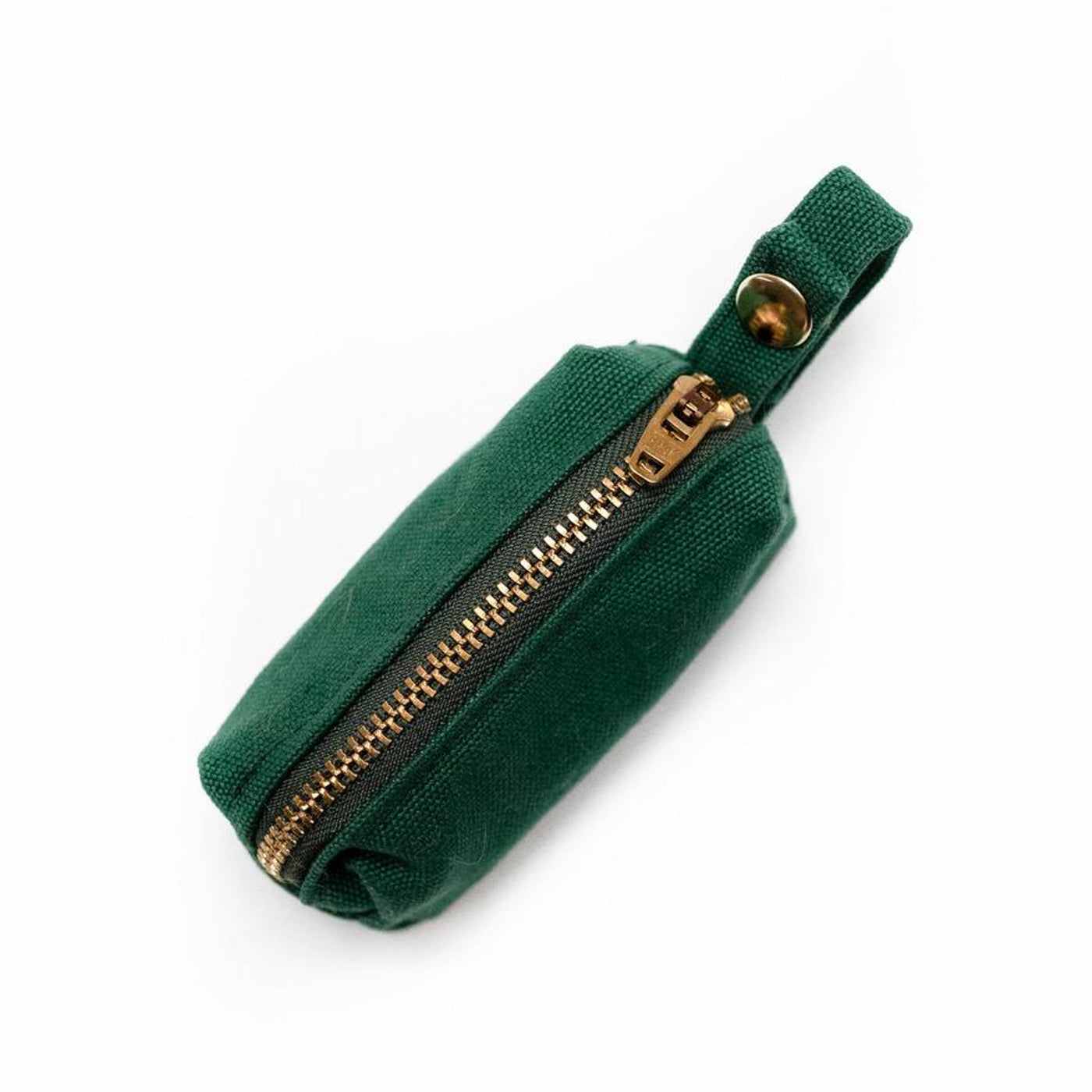 Top  view of fabric rectangular pouch with zip closure and snap loop for poop bags in dark green