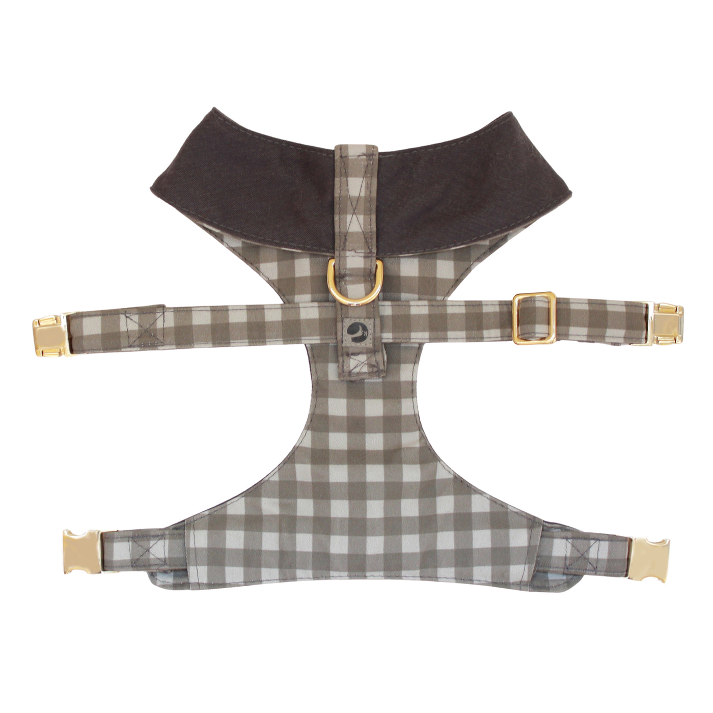 Top view of reversible dog harness with gold hardware in dark gray