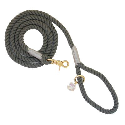 Rope dog leash arranged in coil with gold hardware in dark gray