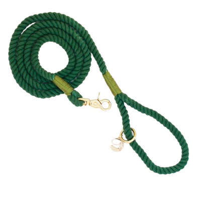 Rope dog leash arranged in coil with gold hardware in dark green
