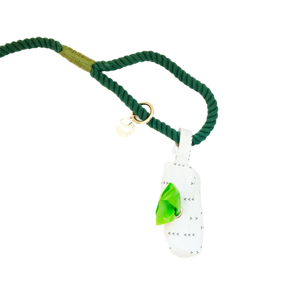 Dark green rope dog leash handle with attached poop bag holder