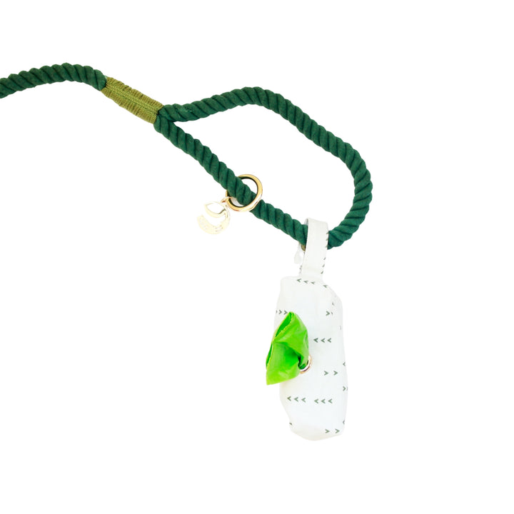 Dark green rope dog leash handle with attached poop bag holder