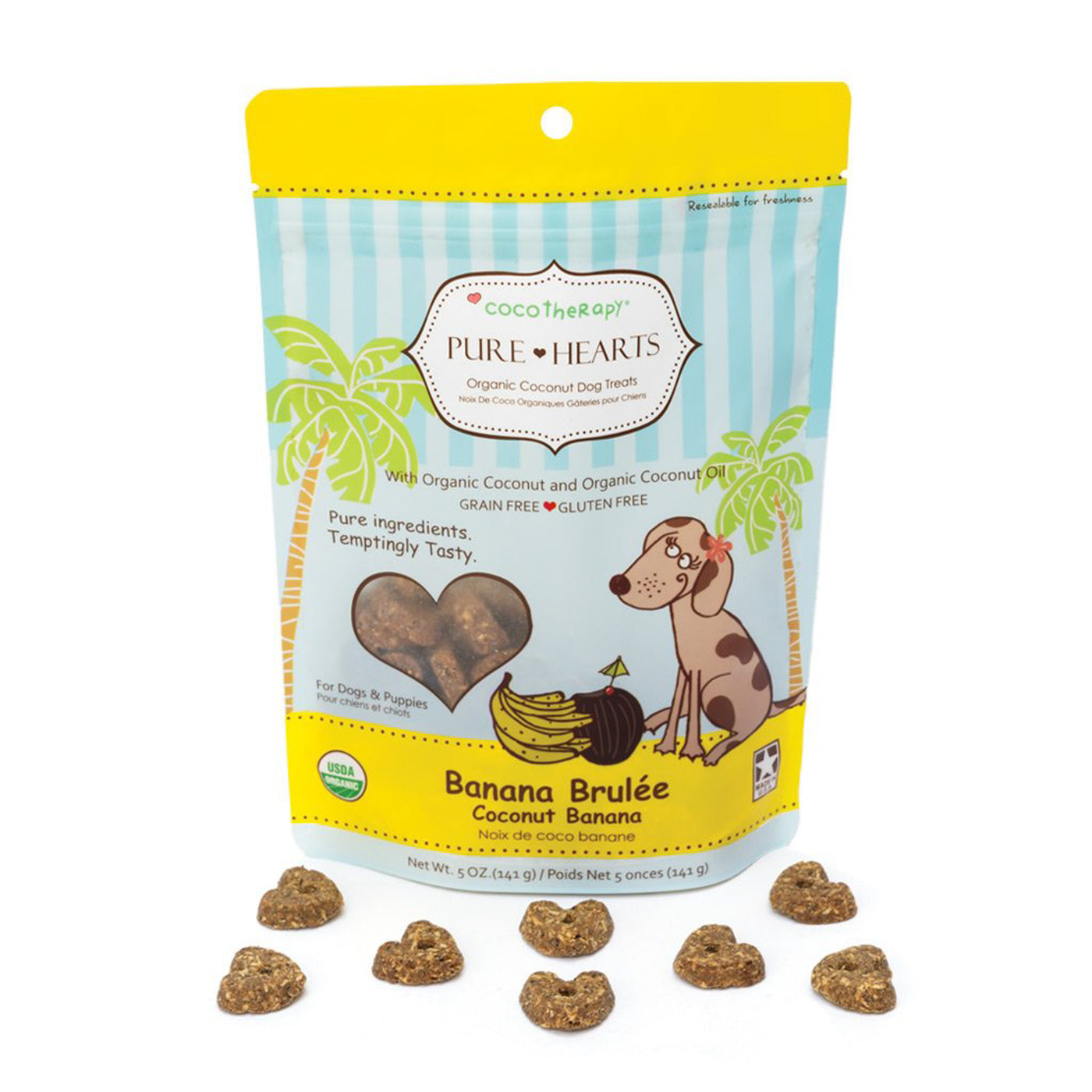 Coco Therapy Pure Hearts Banana Brulee dog treats in pouch with treats in front
