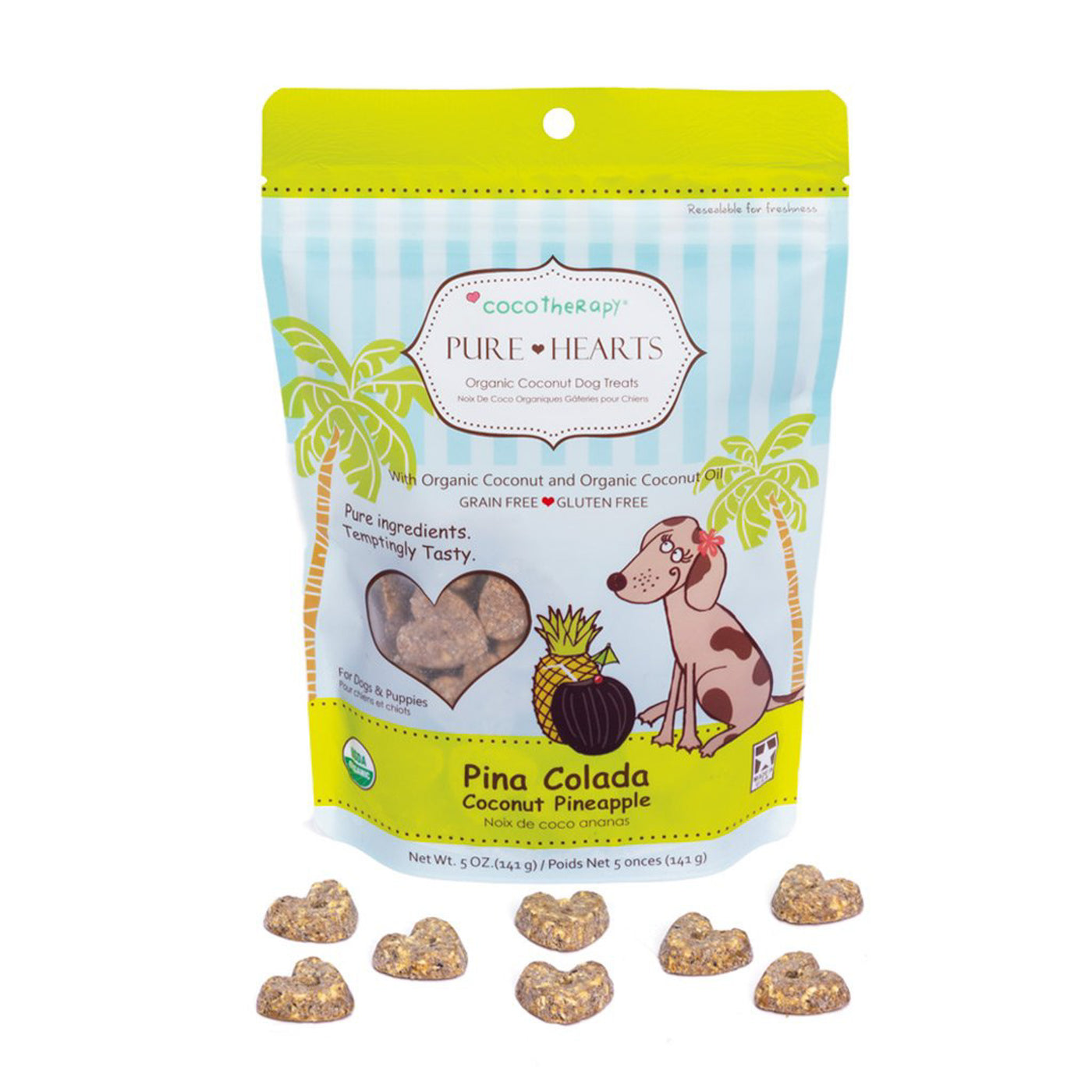 Coco Therapy Pure Hearts Pina Colada dog treats in pouch with treats in front