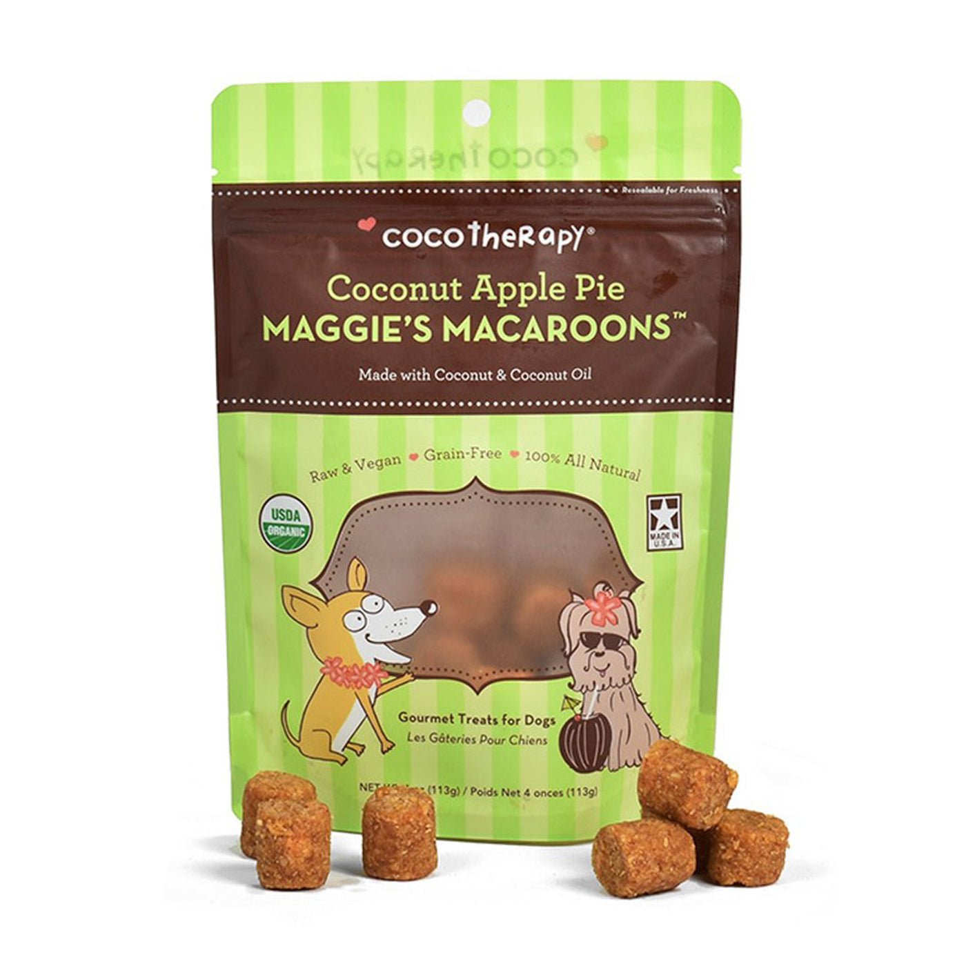 Coco Therapy Coconut Apple Pie Maggie's Macaroons dog treats in pouch with treats in front