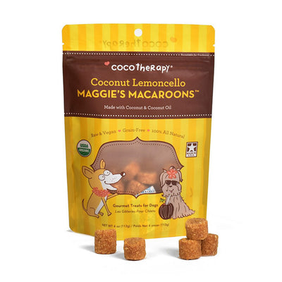 Coco Therapy Coconut Lemoncello Maggies Macaroons dog treats in pouch with treats in front