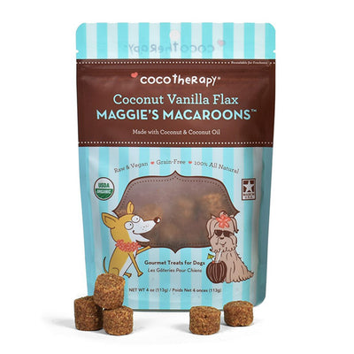 Coco Theraphy Coconut Vanilla Flax Maggies Macaroons dog treats in pouch with treats in front