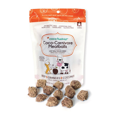 Coco Therapy Beef Orange Coconut Coco-Carnivore Meatballs dog treats in pouch with meatballs in front