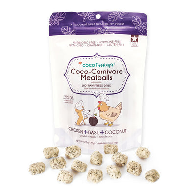 Coco Therapy Chicken Basil Coconut Coco-Carnivore Meatballs dog treats in pouch with meatballs in front.
