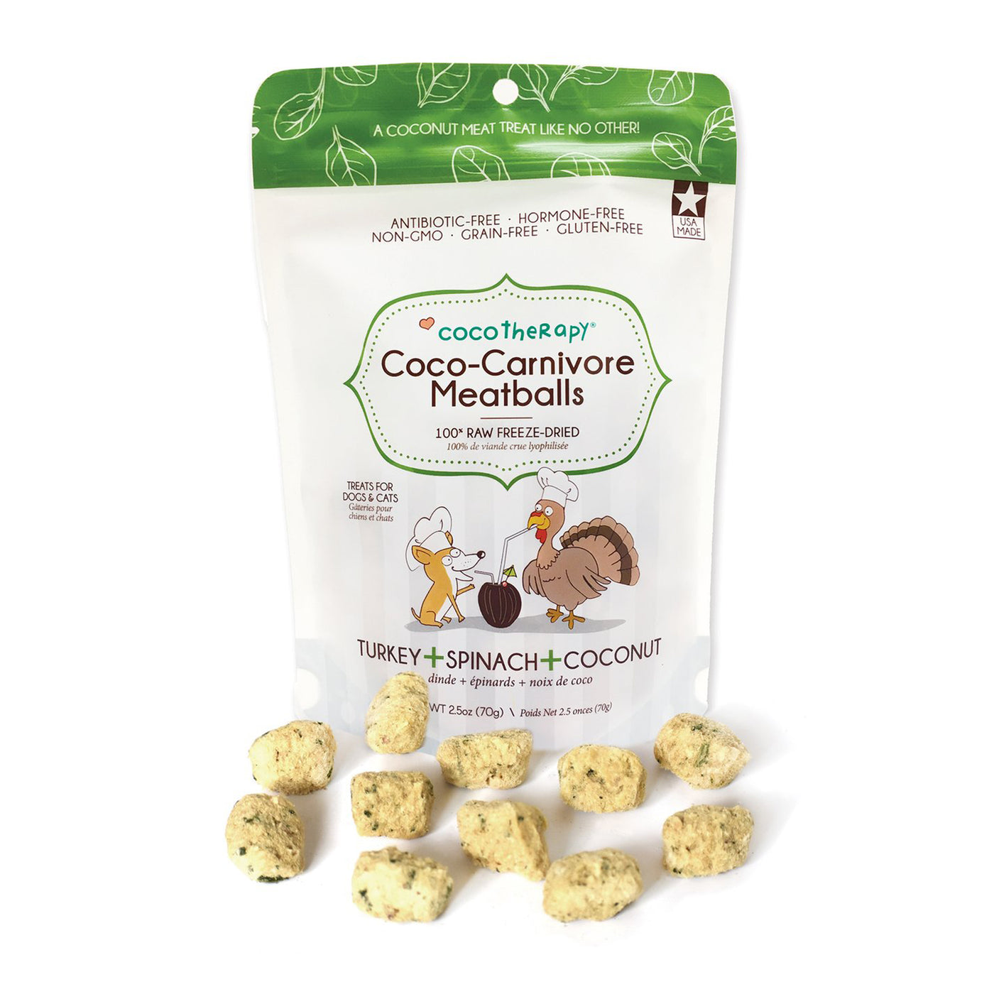 Coco Therapy Turkey Spinach Coconut Coco-Carnivore Meatballs dog treats in pouch with meatballs in front