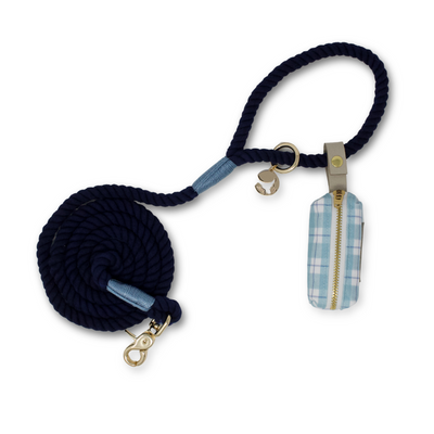 navy rope dog leash with aqua and blue plaid waste bag holder