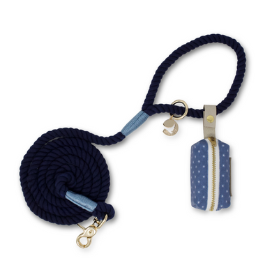 navy rope dog leash with blue star print dog waste bag holder