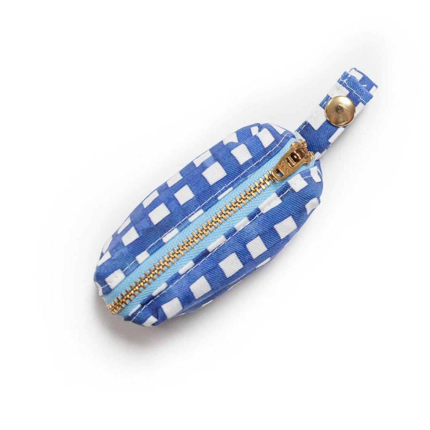 Top  view of fabric rectangular pouch with zip closure and snap loop for poop bags in navy watercolor plaid