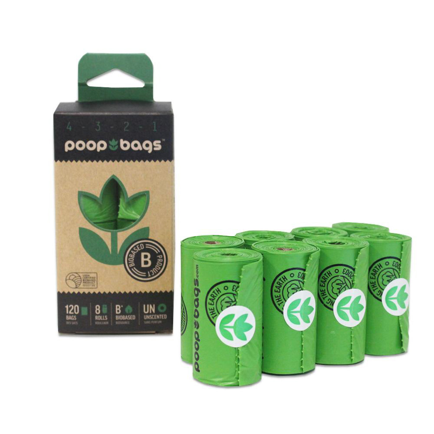 The Original Poop Bags countdown rolls in 8 pack box and 8 rolls in front