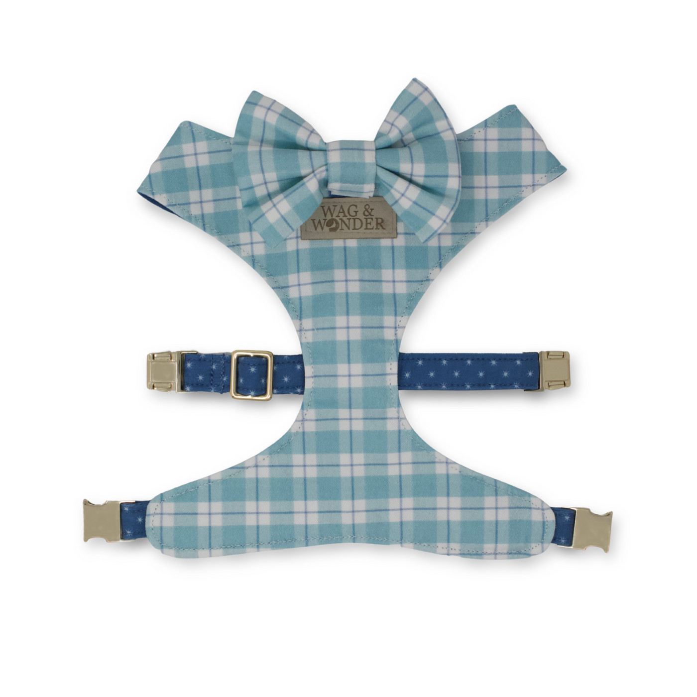 aqua & blue plaid reversible dog harness + aqua & blue plaid dog bow tie