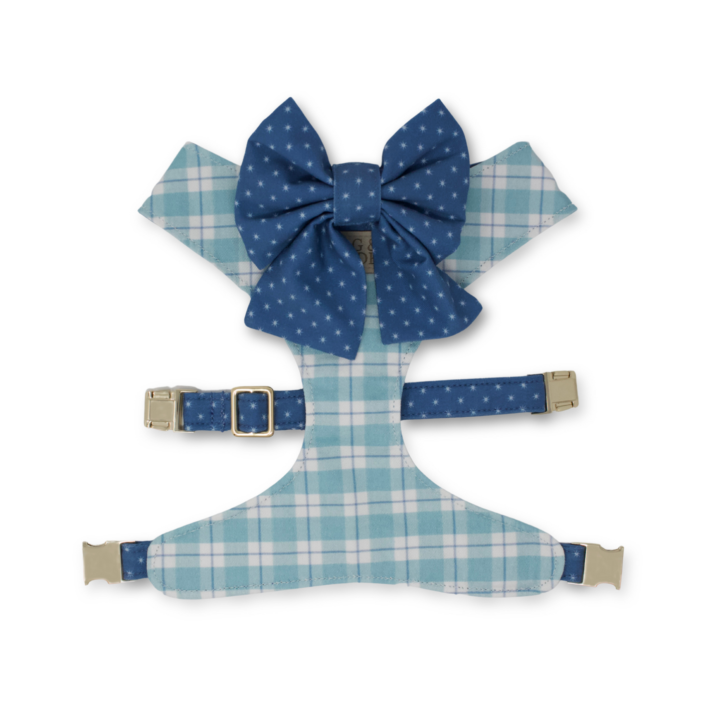 aqua & blue plaid reversible dog harness + blue star print dog sailor bow