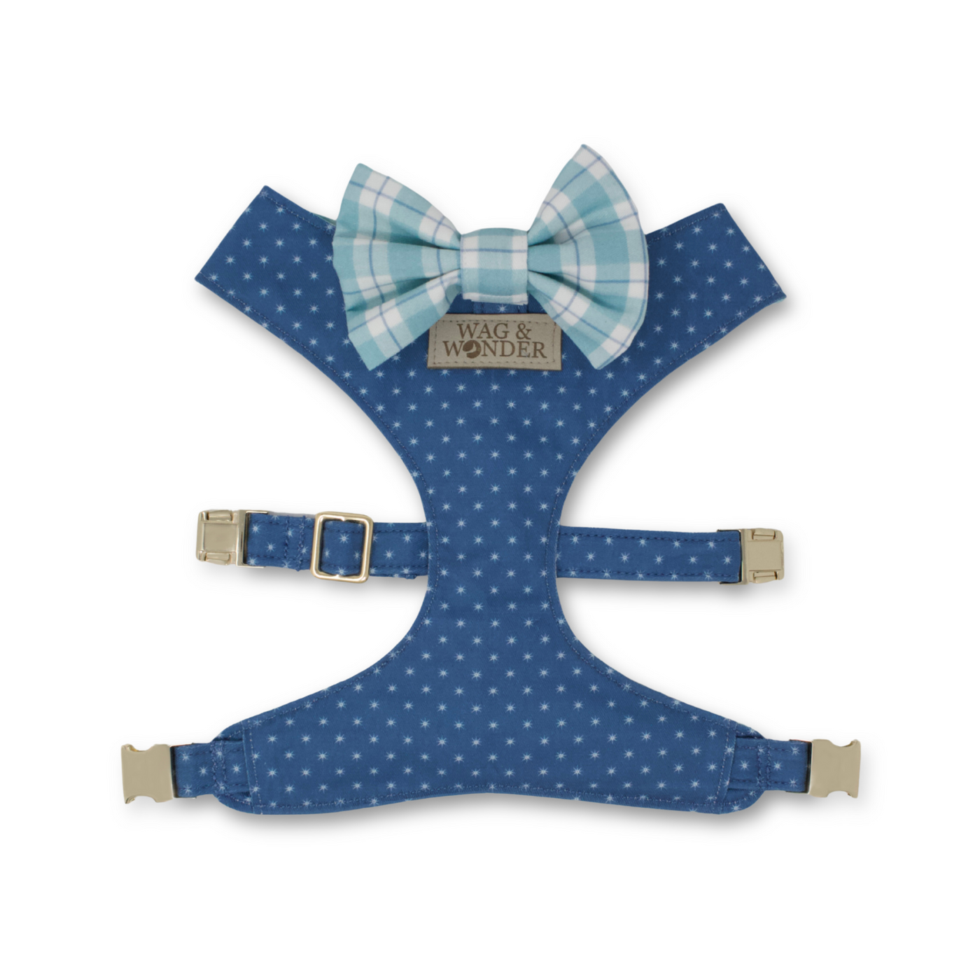 denim blue star print reversible dog harness + aqua & blue plaid dog bow tie
