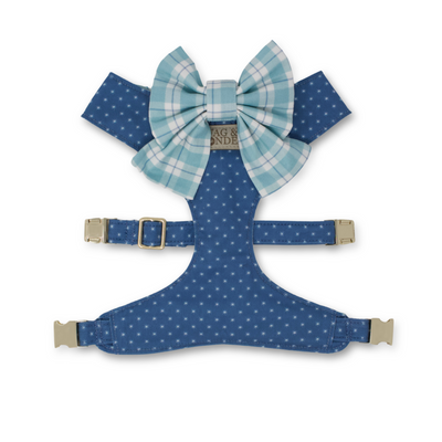 Star print blue reversible dog harness & aqua and blue plaid sailor dog bow