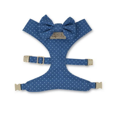 star print blue reversible dog harness & dog bow tie